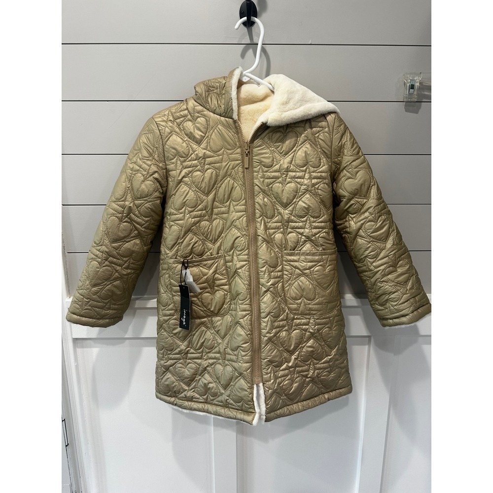 Imoga Yuria-FW22 Girls Gold Heart Quilted Faux Fur Lined Hooded Coat Size 8 NWT